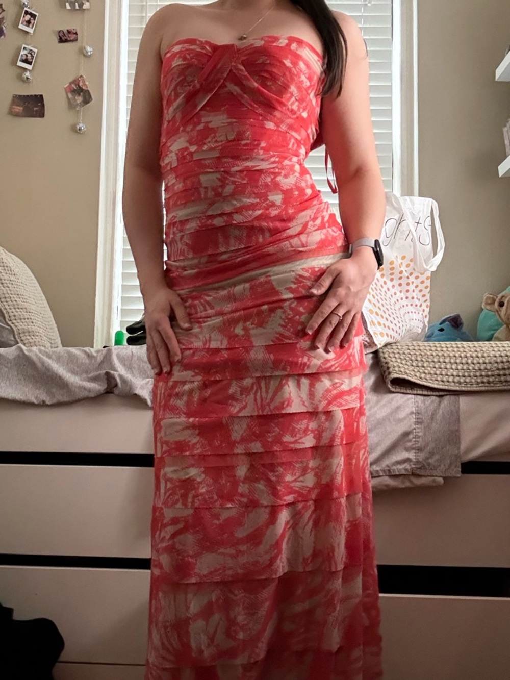 BCBGMaxAzria Strapless Coral and Cream Tiered Maxi Dress
